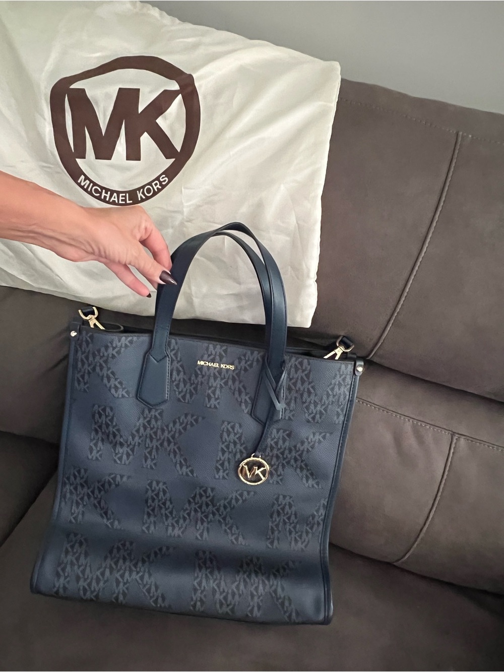 Michael Kors Navy Logo-Print Tote with Gold Accents